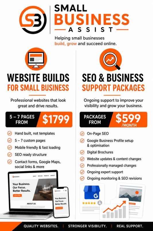 Brochure - Small business assist Packages - Websites, SEO , Google Business Profiles, Small Business support